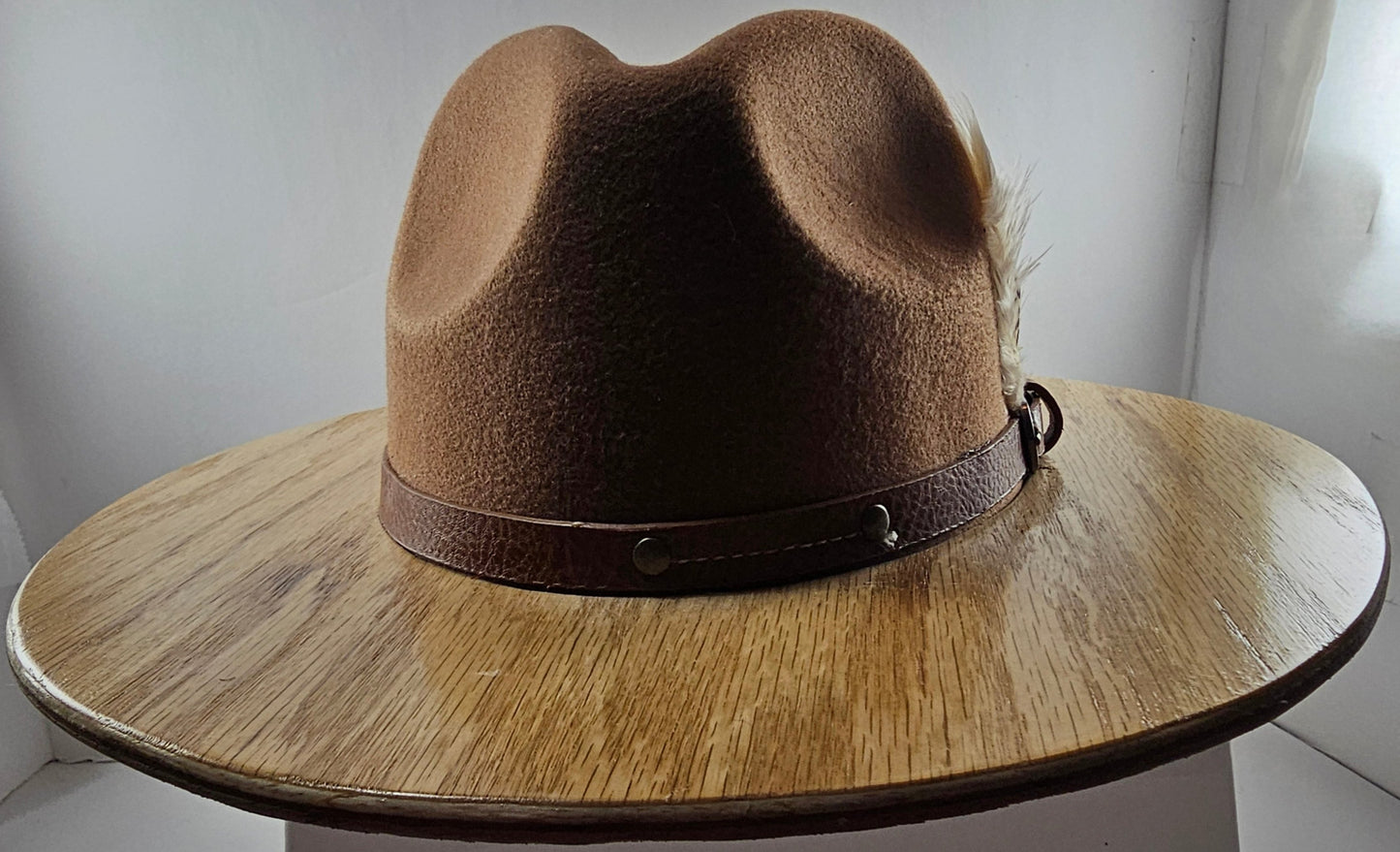 WIDE BRIM Leather Band Fedora HAT, Real Oak Rustic Wooden Brim Felt Hat with Vegan Wool Crown