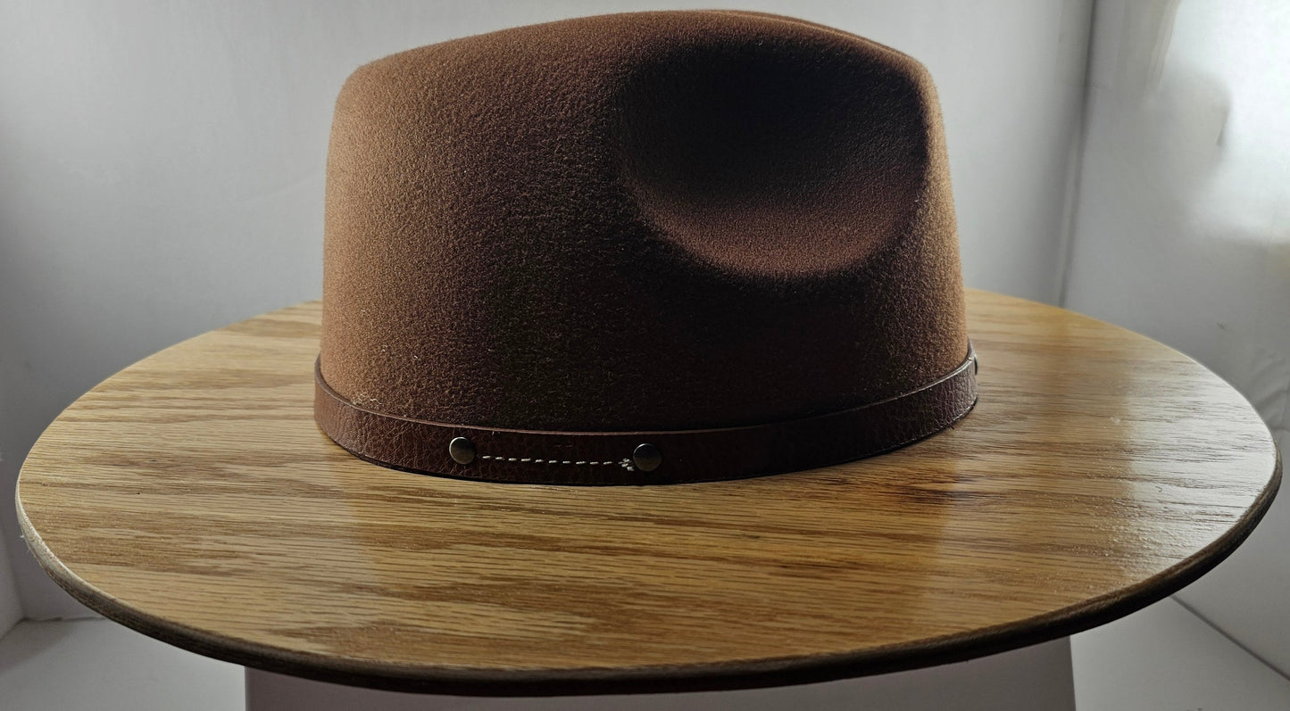 WIDE BRIM Leather Band Fedora HAT, Real Oak Rustic Wooden Brim Felt Hat with Vegan Wool Crown