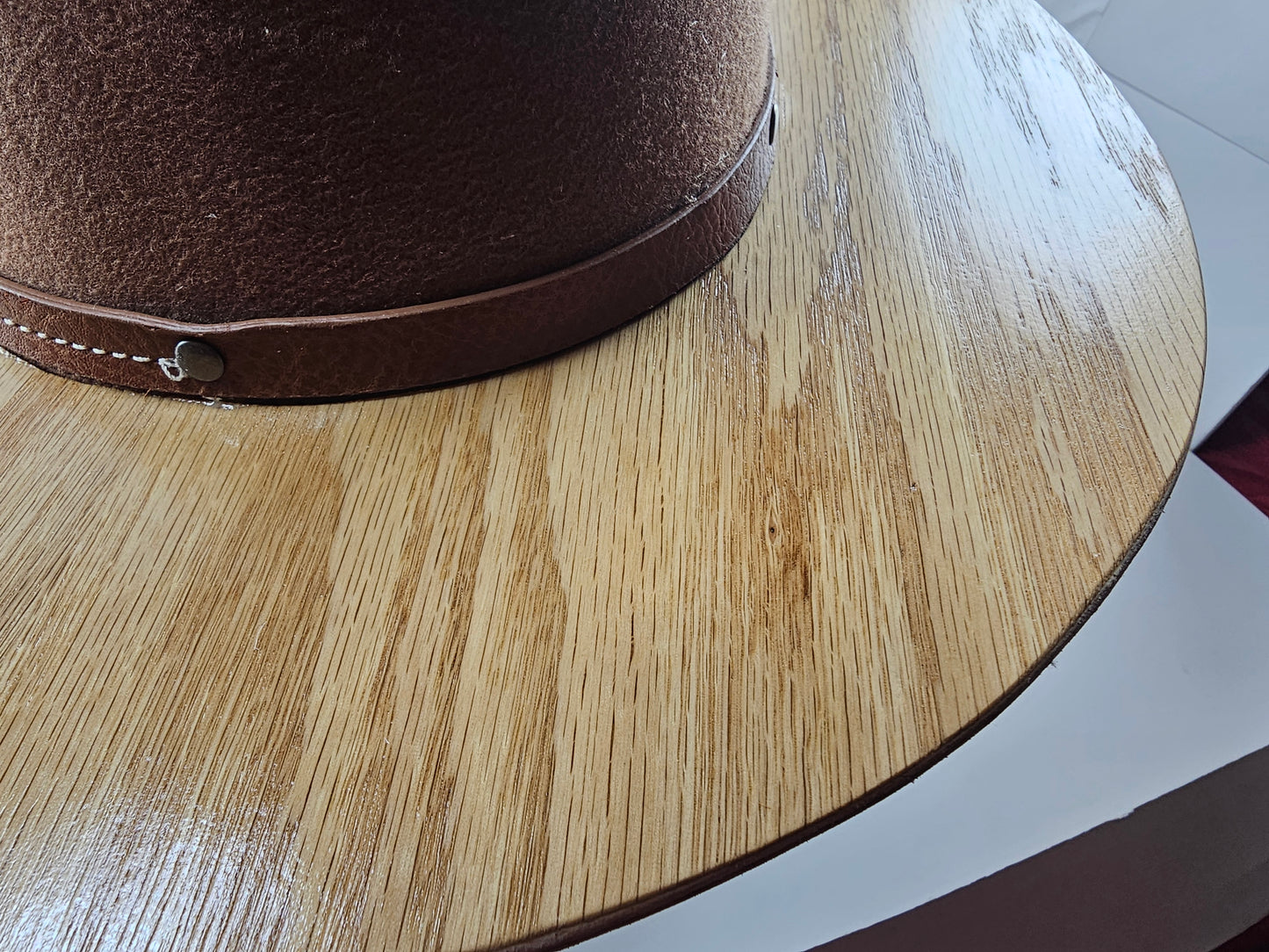 WIDE BRIM Leather Band Fedora HAT, Real Oak Rustic Wooden Brim Felt Hat with Vegan Wool Crown