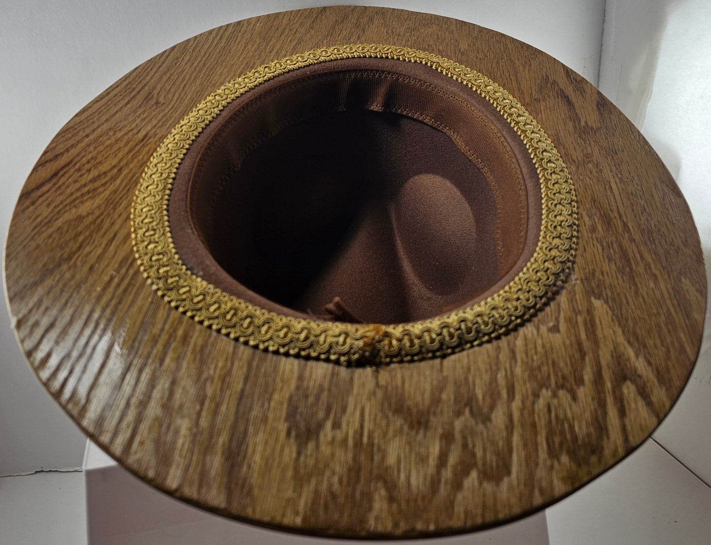 WIDE BRIM Leather Band Fedora HAT, Real Oak Rustic Wooden Brim Felt Hat with Vegan Wool Crown