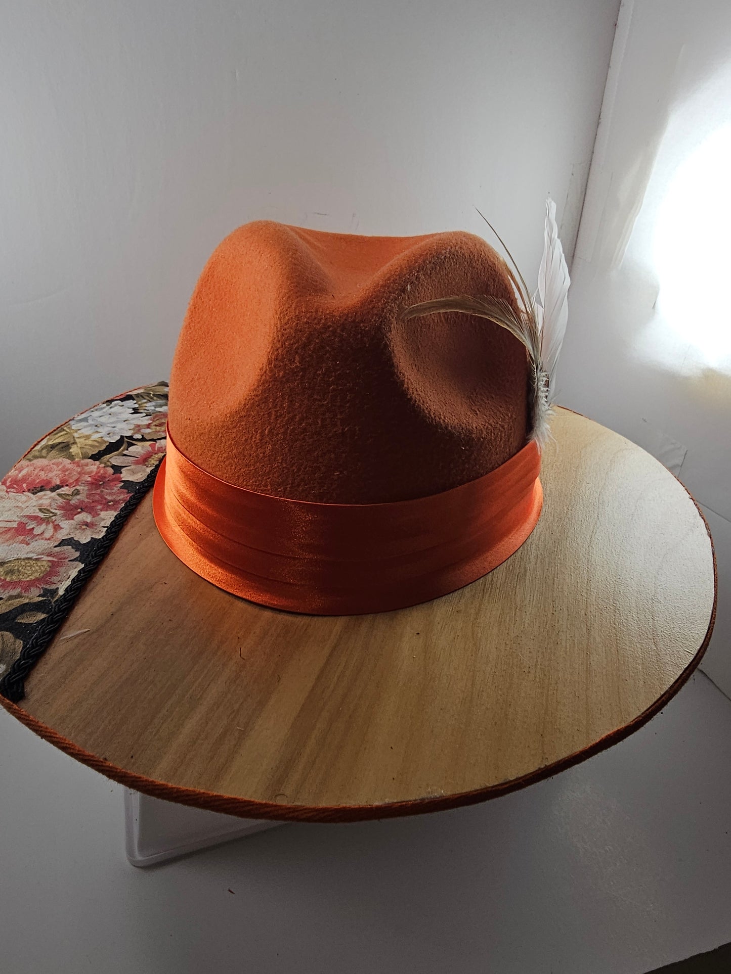 Wide Brim FLORIST FEDORA HAT, Wide Birchwood & Flowers Design Stylish Brim Hat