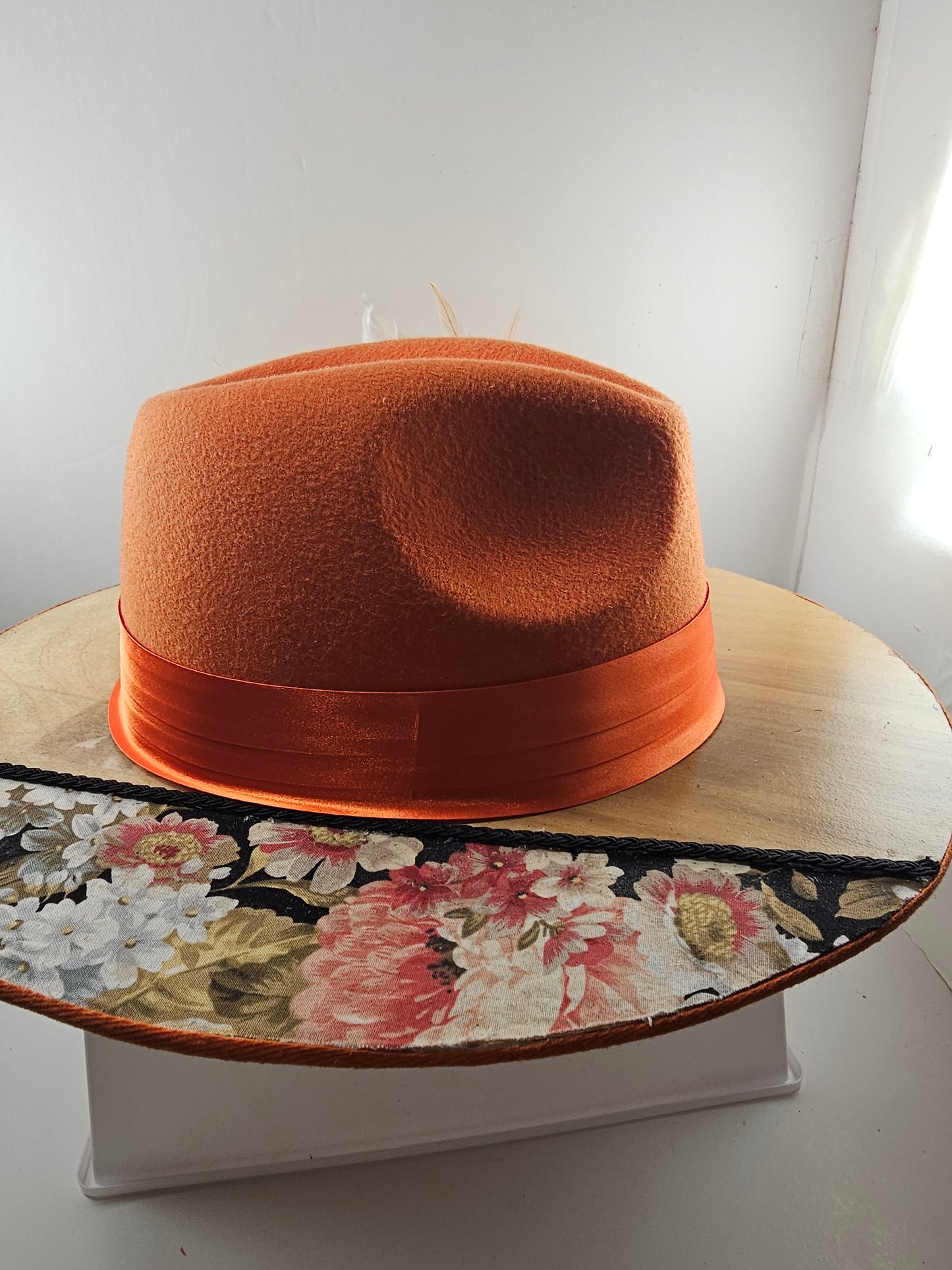 Wide Brim FLORIST FEDORA HAT, Wide Birchwood & Flowers Design Stylish Brim Hat