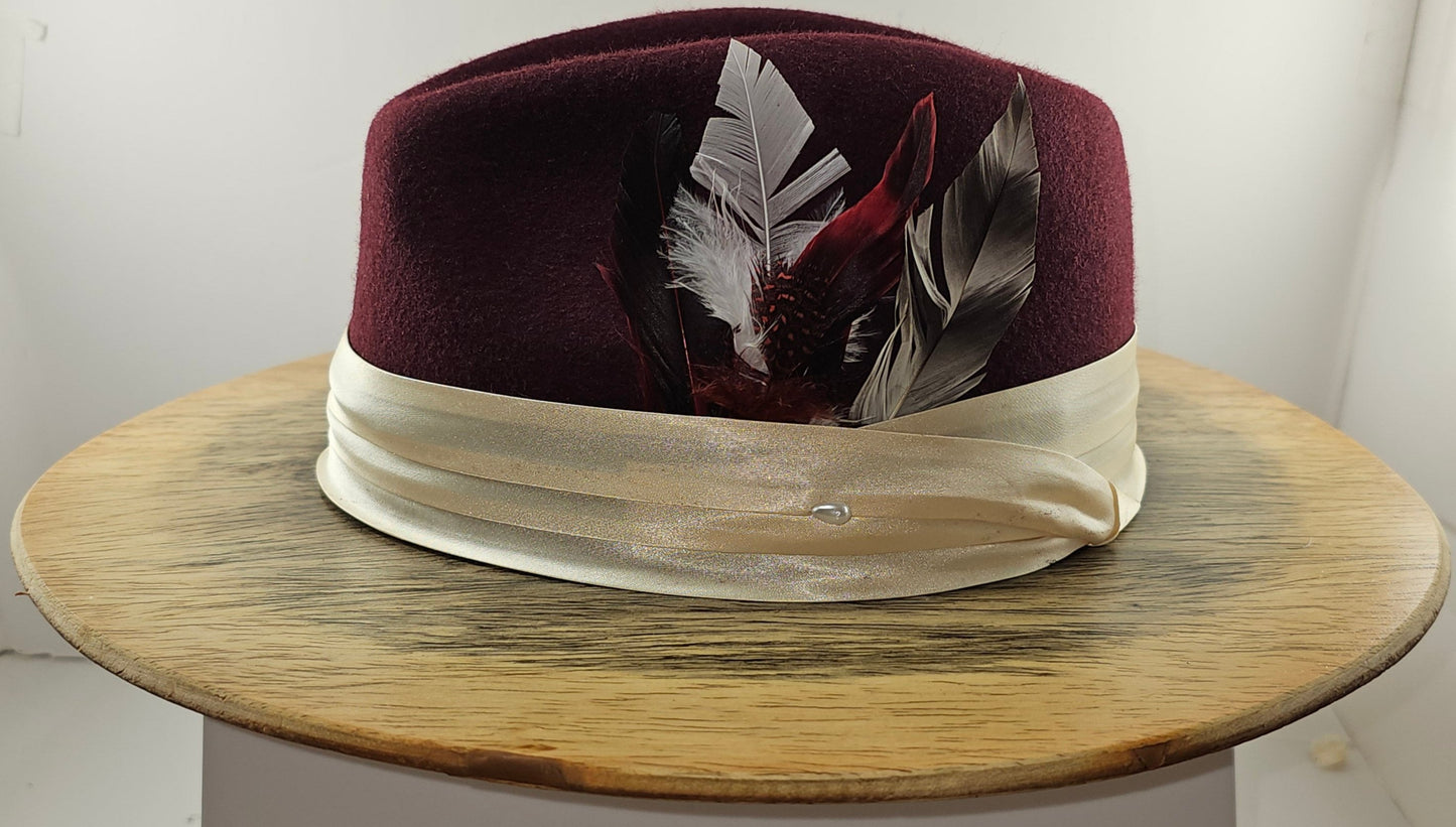 Stylish Burgundy Wide Wood Brim Fedora, gift for Men, gift for women