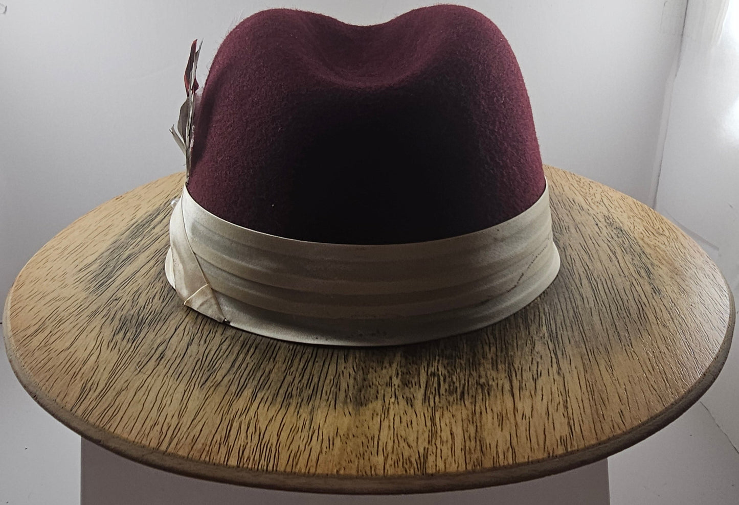 Stylish Burgundy Wide Wood Brim Fedora, gift for Men, gift for women