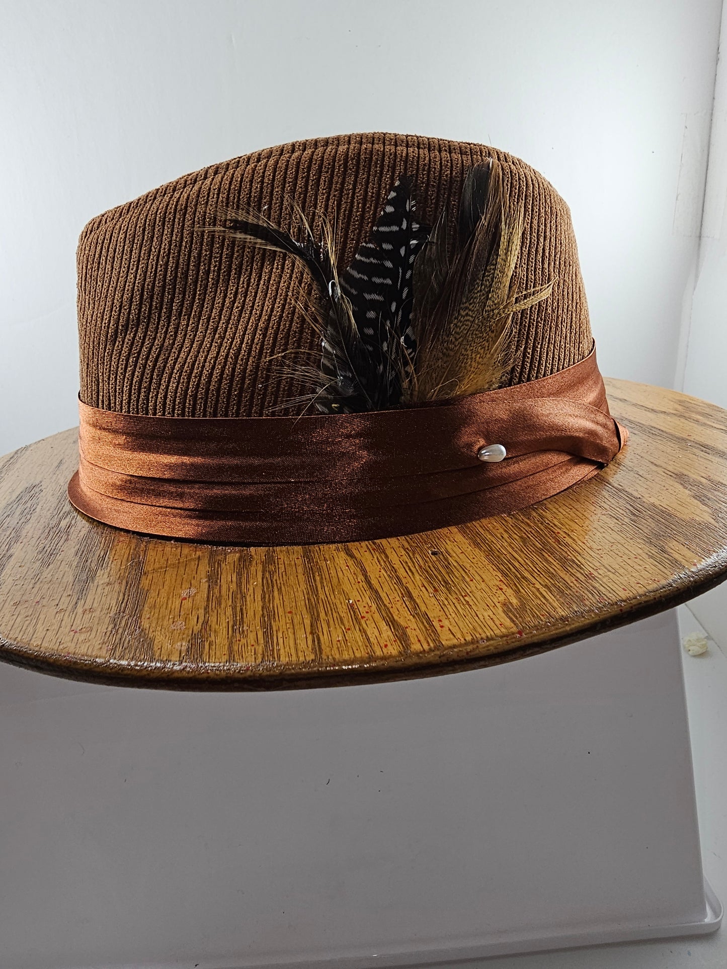 Stylish Short Oak wood brim, Corduroy Fedora, great gift for men, women free shipping