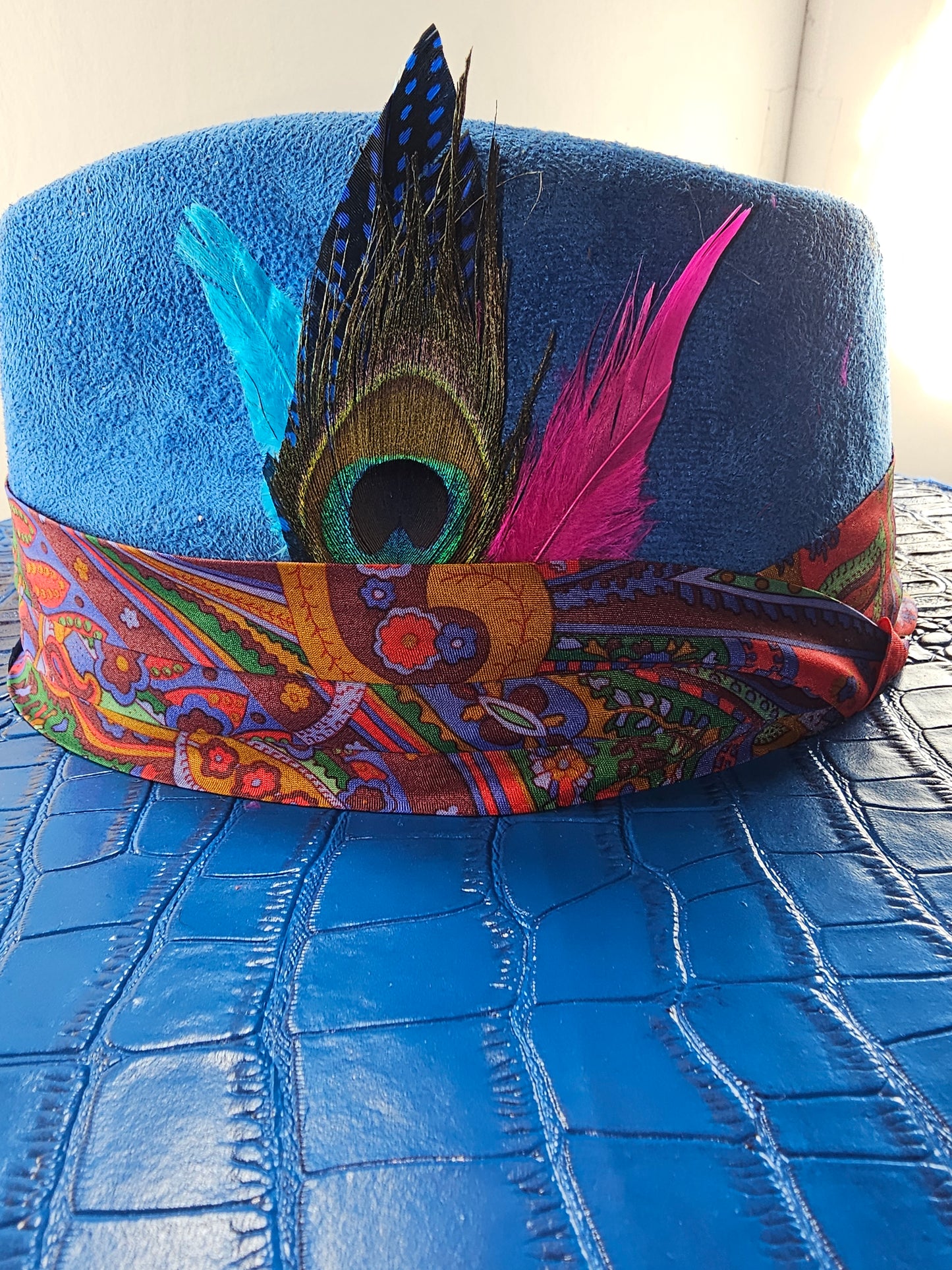 Deluxe Royal Blue Gator Back Wide Brim Fedora