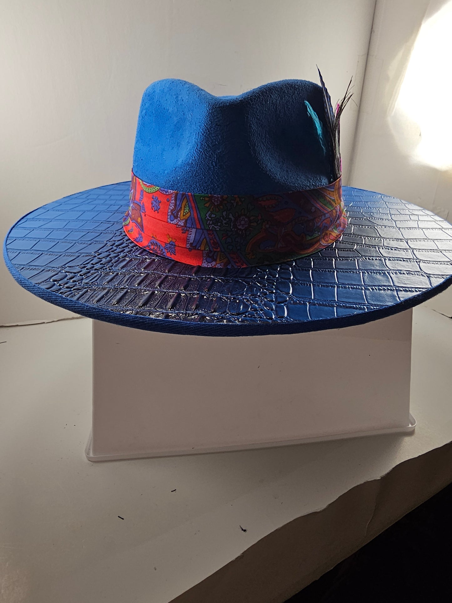 Deluxe Royal Blue Gator Back Wide Brim Fedora