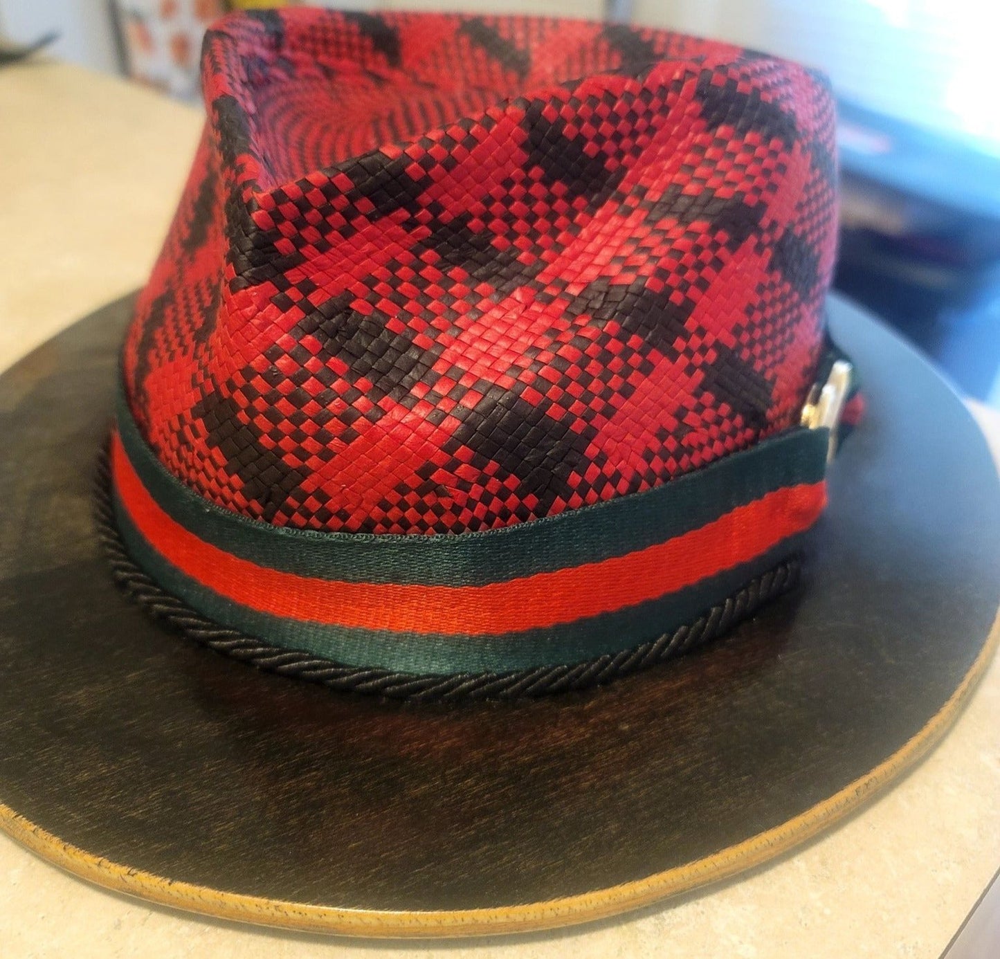 Custom Red & Black Designer Wood Brim Fedora by Brim Masters
