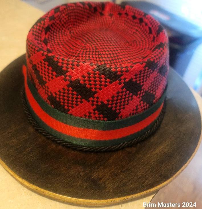 Custom Red & Black Designer Wood Brim Fedora by Brim Masters