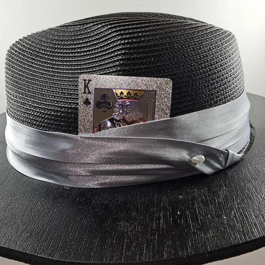 Vintage Wide Brim Fedora Straw Hat – Black Oak with Silver King, Queen, or Ace Theme