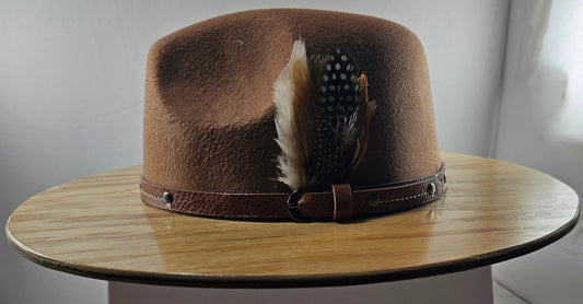 WIDE BRIM Leather Band Fedora HAT, Real Oak Rustic Wooden Brim Felt Hat with Vegan Wool Crown