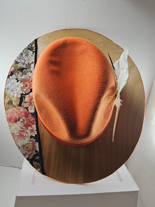 Wide Brim FLORIST FEDORA HAT, Wide Birchwood & Flowers Design Stylish Brim Hat