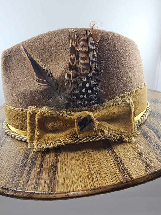 Wide Brim Leather Band Fedora Hat | Rustic Oak Wooden Brim Hat