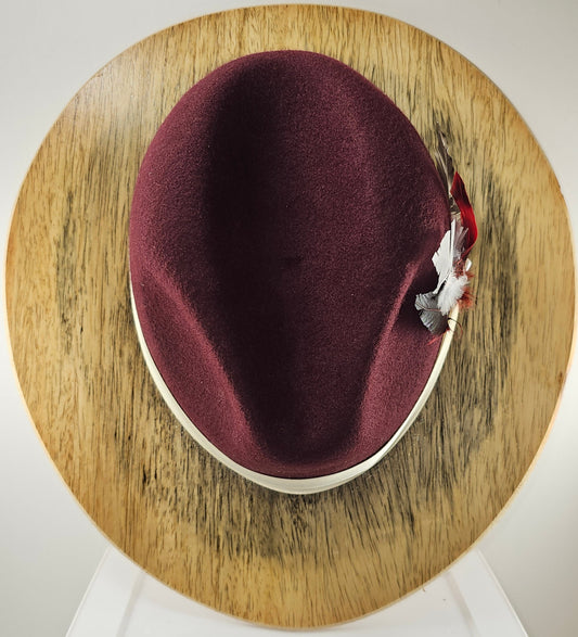 Stylish Burgundy Wide Wood Brim Fedora, gift for Men, gift for women