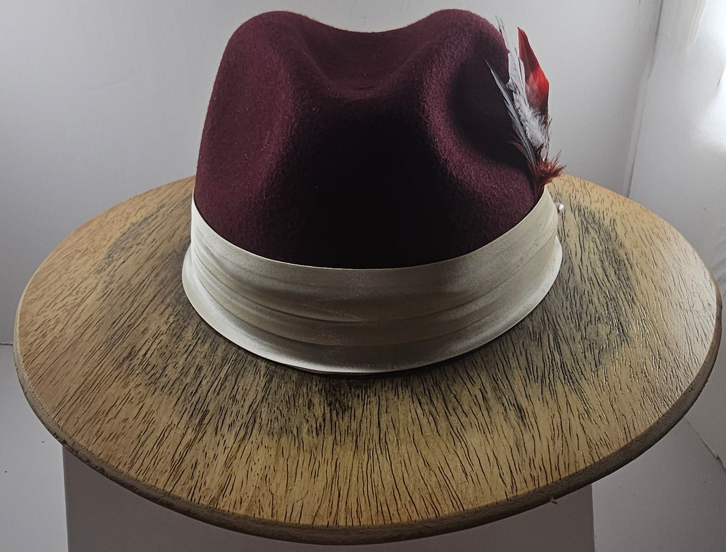 Stylish Burgundy Wide Wood Brim Fedora, gift for Men, gift for women