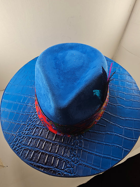 Deluxe Royal Blue Gator Back Wide Brim Fedora