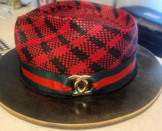 Custom Red & Black Designer Wood Brim Fedora by Brim Masters