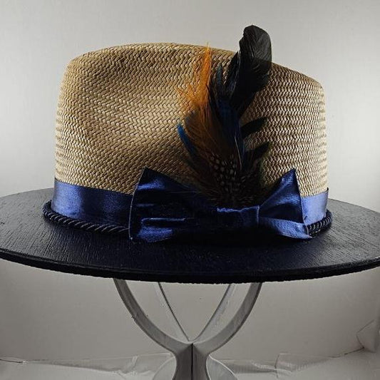 FUR FEATHER Wide Brim Fedora - Cream/Natural with Blue Oak Brim
