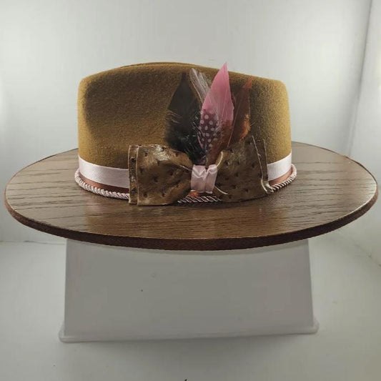 Vintage Wide Brim Felt Wool Fedora – Rustic Wooden Brim, Stylish Fashion Gift